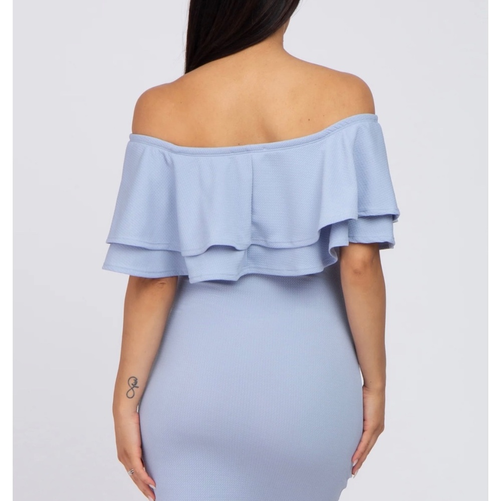 Light Blue Ruffle Off Shoulder Ruched Maternity Dress - Picture 3 of 5